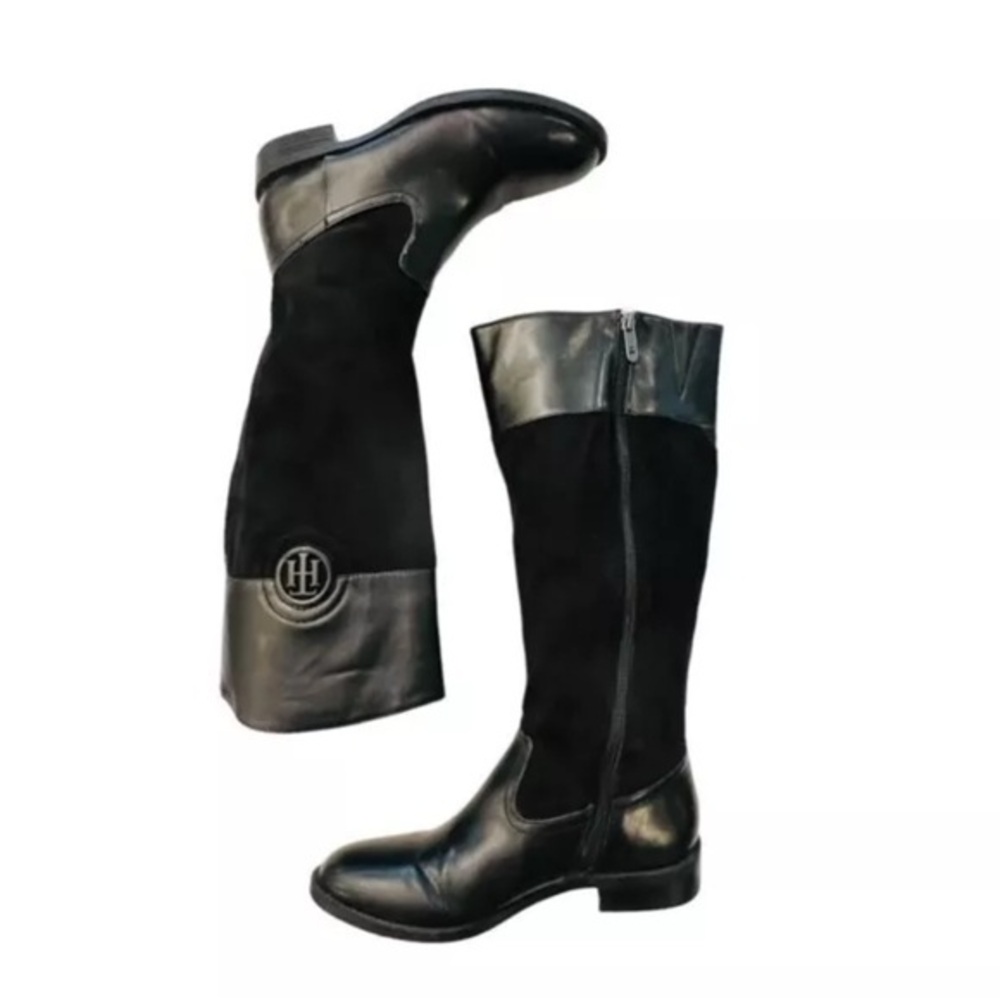 Black Tommy Hilfiger Knee High Riding Boots Leather Suede Sz 8M Side-zip Women's